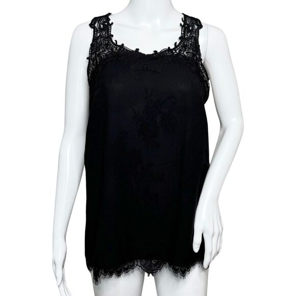 Brixon Ivy Shirt‎ Womens Medium Blouse Black Floral Lace Trim Neutral Minimalist - Picture 1 of 8